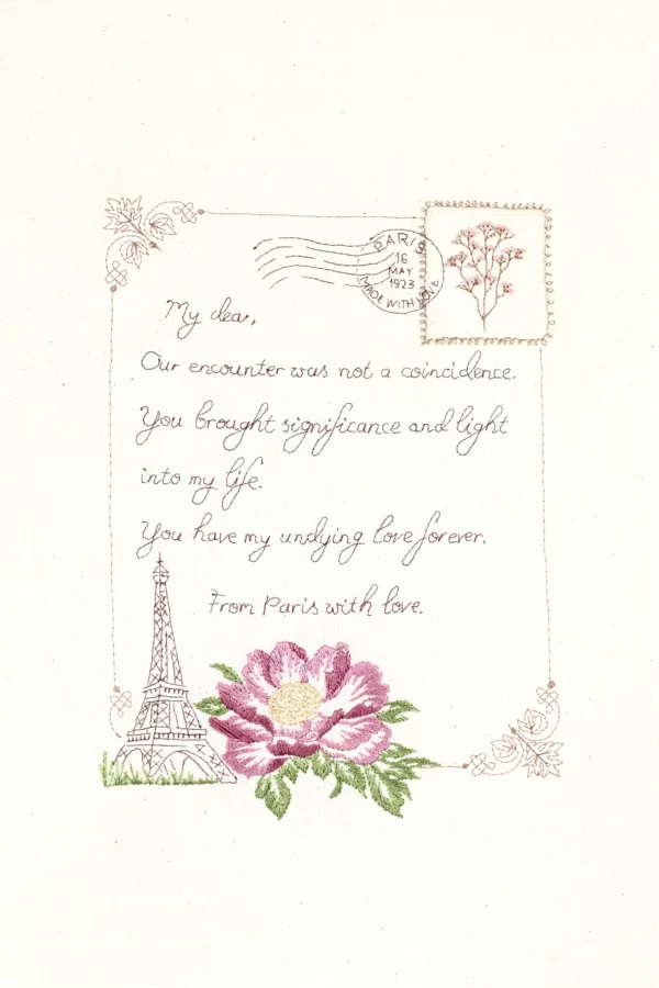 A packshot of the Europa embroidery pattern, featuring a vintage Parisian-inspired love letter design.