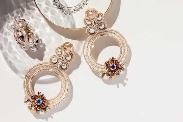 Carmen earrings embroidered with pearls, Swarovski crystals and soutache braid
