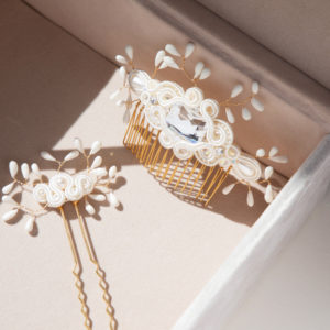 Antoinette hair comb and Kate hair pin embroidered with pearls, Swarovski crystals, porcelain and soutache braid