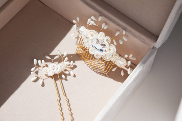 Antoinette hair comb and Kate hair pin embroidered with pearls, Swarovski crystals, porcelain and soutache braid