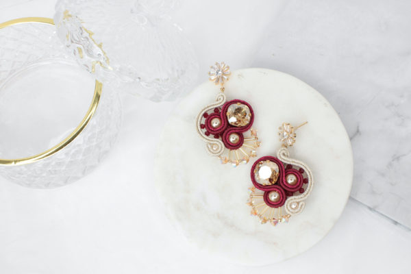 Amber earrings embroidered with Swarovski crystals and soutache braid