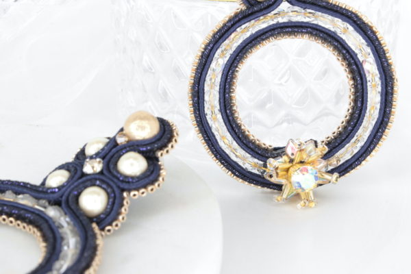 Carmen earrings embroidered with pearls, Swarovski crystals and soutache braid