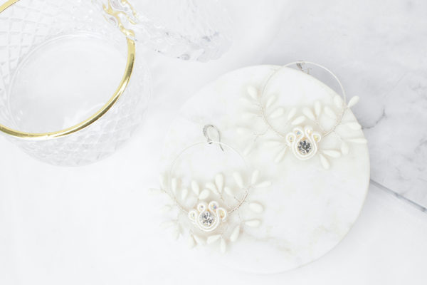 Chiara earrings embroidered with pearls, Swarovski crystals, soutache braid and porcelain