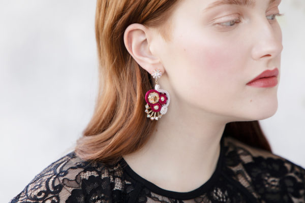 Amber earrings embroidered with Swarovski crystals and soutache braid