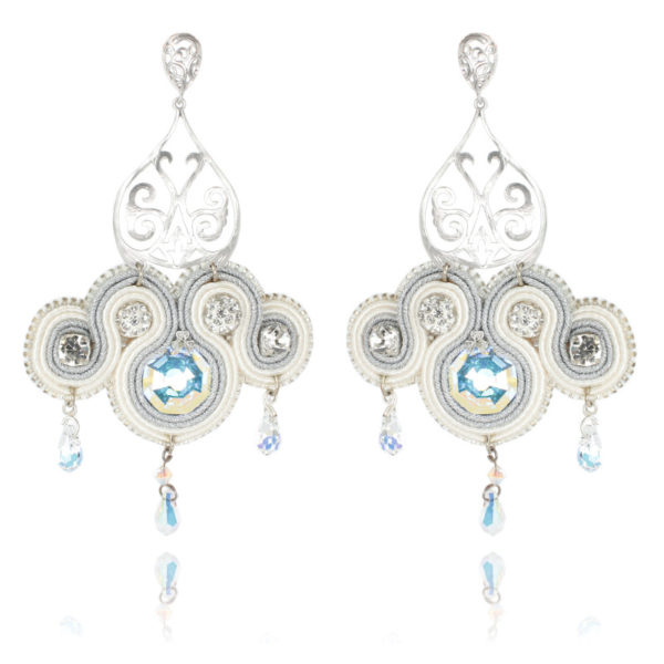 Jasmine earrings embroidered with pearls, Swarovski crystals and soutache braid