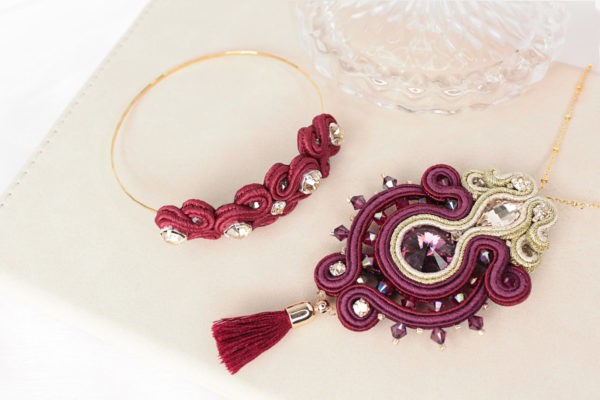Gabrielle bangle bracelet and Amira necklace embroidered with crystals and soutache braid
