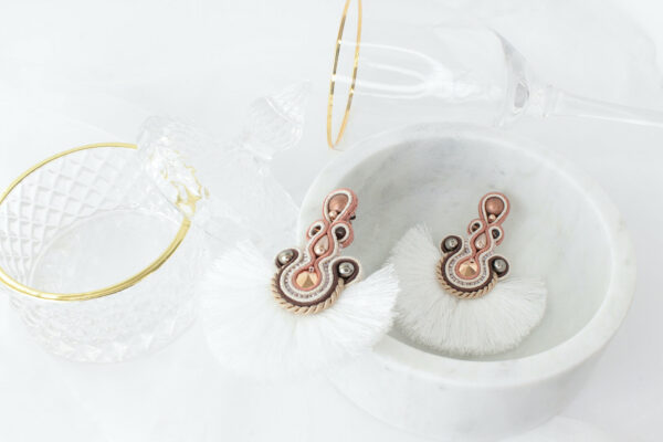 Haizea earrings embroidered with pearls, Swarovski crystals, soutache braid and fan pompoms