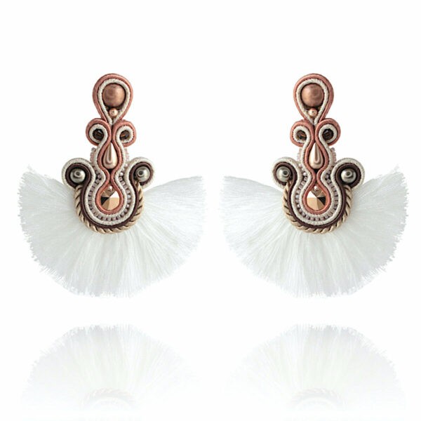 Haizea earrings embroidered with pearls, Swarovski crystals, soutache braid and fan pompoms