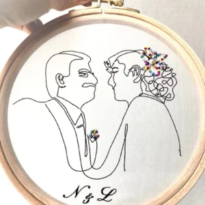 Cadeau mariage personnalisé One Line Art, brodé sur tambour à broder