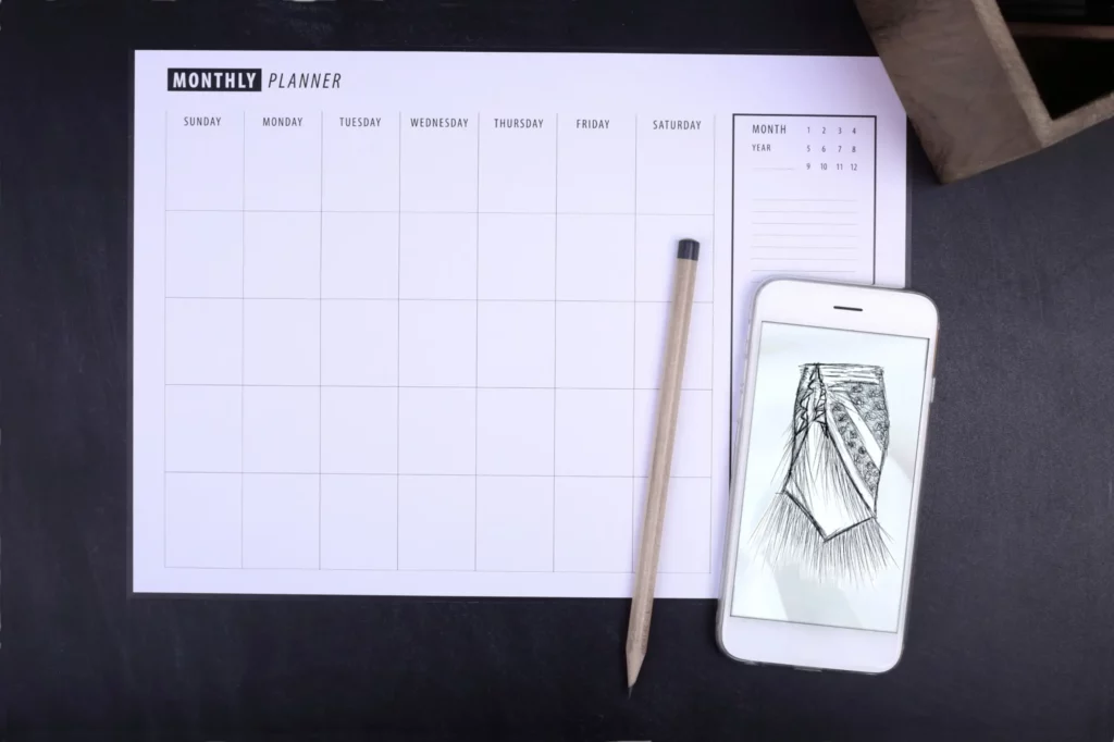 A flatlay featuring a schedule and an iPhone displaying an embroidery project, representing the planning and timeline estimation for a custom embroidery order.