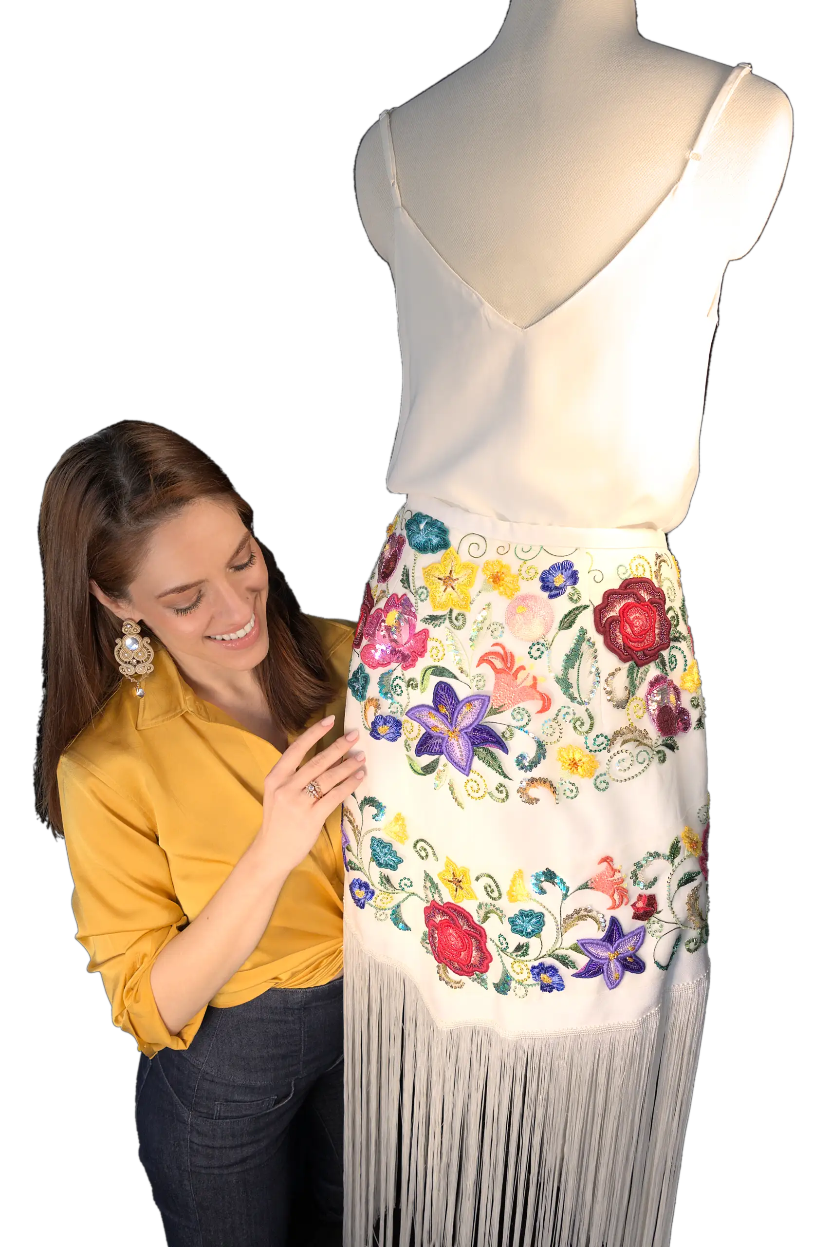 A breathtaking hand-embroidered Manila shawl transformed into a couture skirt, featuring exquisite floral embroidery in vibrant colors, exuding elegance, femininity, and artisanal craftsmanship.