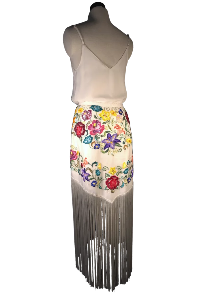 Floral embroidered haute couture skirt on a mannequin, showcasing bespoke hand-crafted embroidery by Laura S. Urbina.