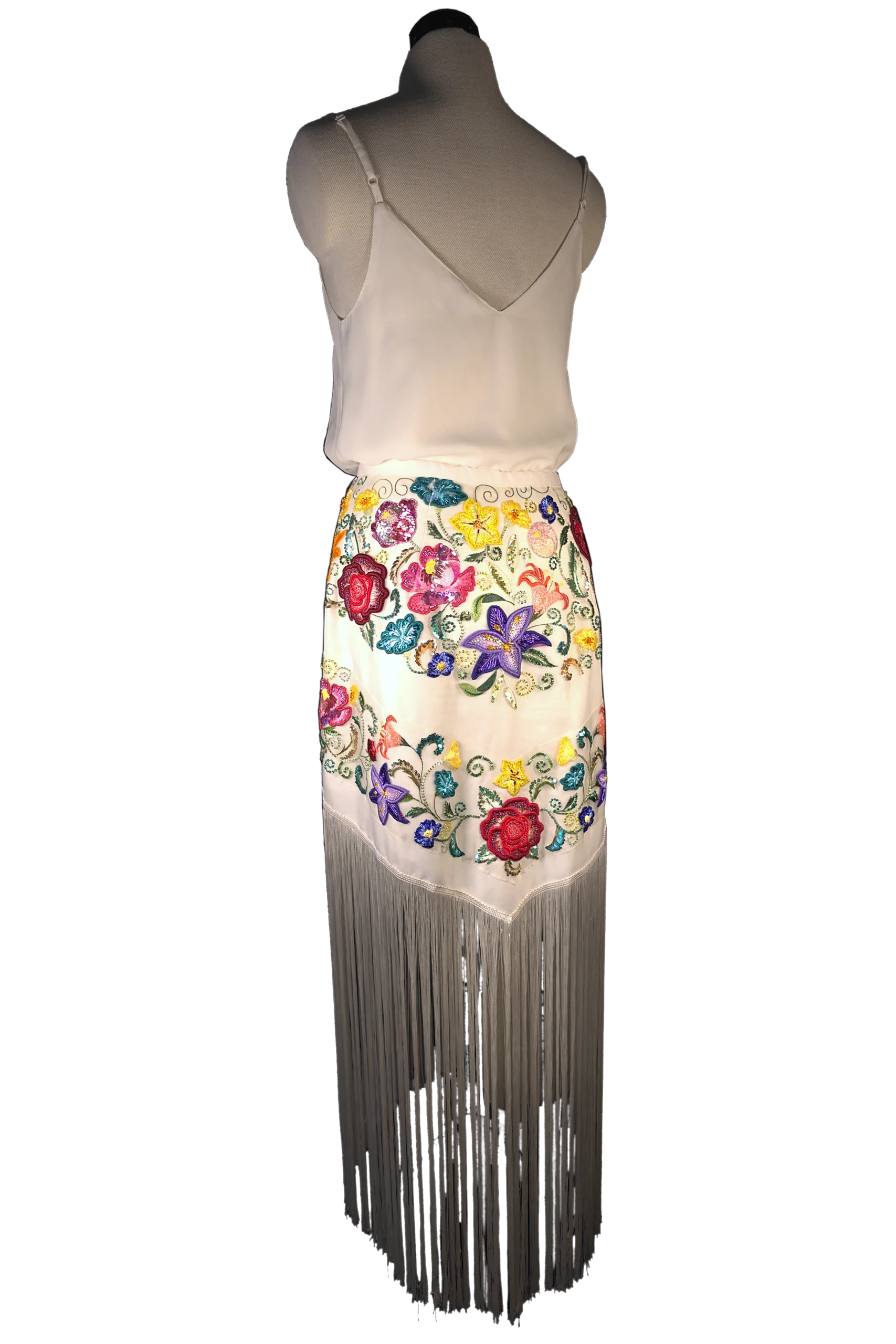 Floral embroidered haute couture skirt on a mannequin, showcasing bespoke hand-crafted embroidery by Laura S. Urbina.
