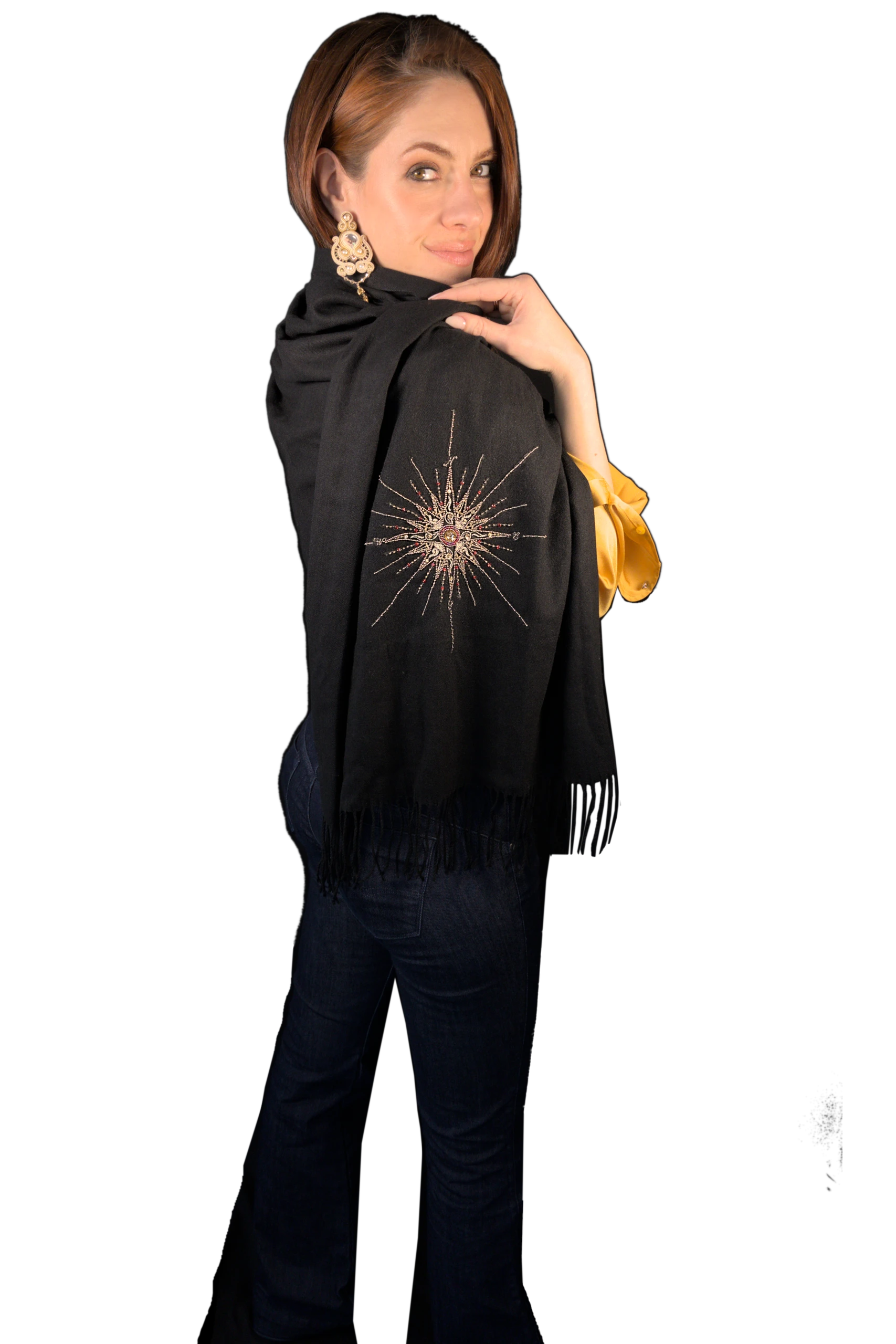 Elegant black cashmere scarf featuring a sophisticated hand-embroidered compass rose design with gold metallic threads and fine beadwork, exuding timeless luxury and artistry.