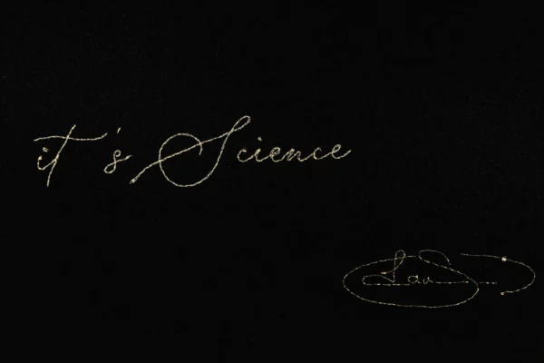 Close-up of “It’s Science” gold embroidery and artist’s stitched signature on black silk from the Newton prism artwork.