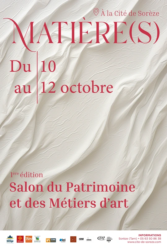 Cartel de Matière(s), el Salón del Patrimonio y de los Oficios de Arte, del 10 al 12 de octubre de 2025 en la Cité de Sorèze, Tarn, Francia — una exposición que celebra la artesanía, el patrimonio y la creación contemporánea.