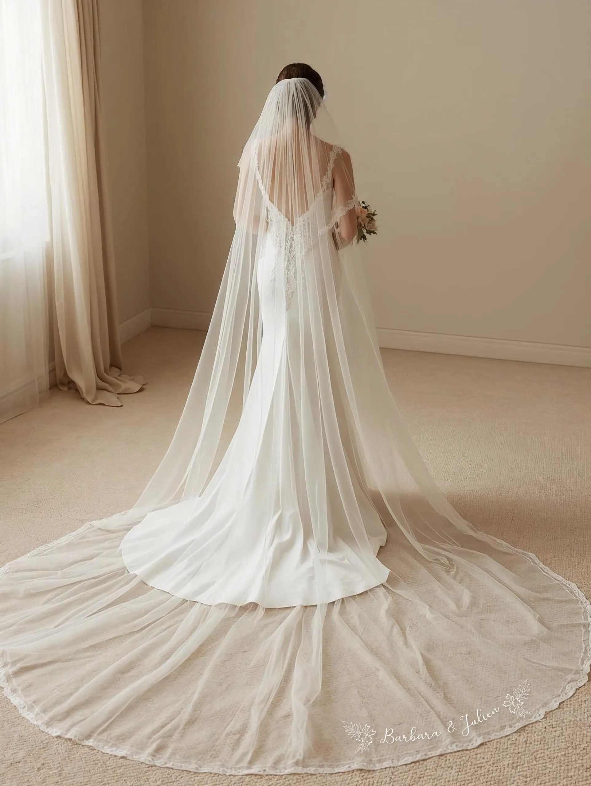 Novia con vestido de alta costura y velo en una boutique, bordado personalizado sobre velo de novia con nombres y motivos florales.