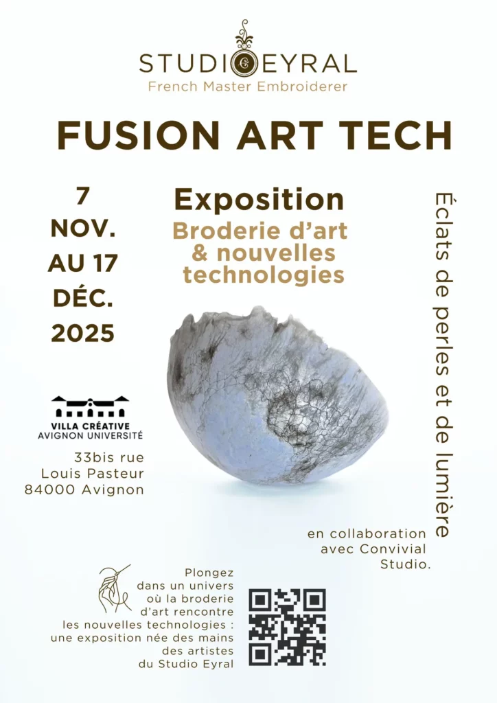 Cartel de Fusion Art-Tech – Destellos de perlas y de luz, exposición colectiva celebrada del 7 de noviembre al 17 de diciembre de 2025 en la Villa Créative de Aviñón, Francia — un encuentro entre bordado, luz e innovación.