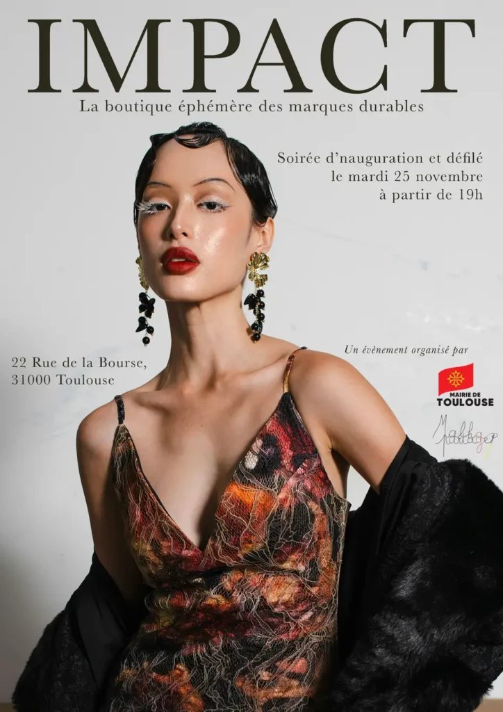 Poster of Impact – The Sustainable Brands Pop-Up Store, held from 23 November to 7 December 2025 at Galerie Olpée in Toulouse, France — celebrating ethical fashion, local craftsmanship, and creativity.