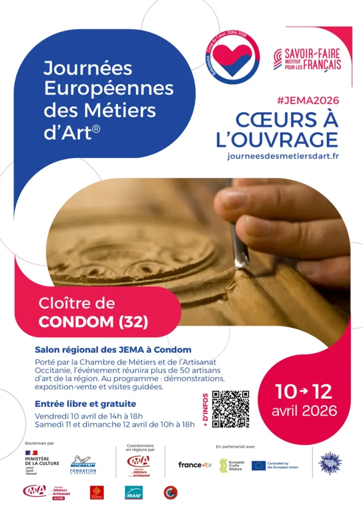 Affiche des Journées Européennes des Métiers d’Art, du 10 au 12 avril 2026 au Cloître de Condom (Gers), présentant un salon de métiers d’art avec démonstrations.