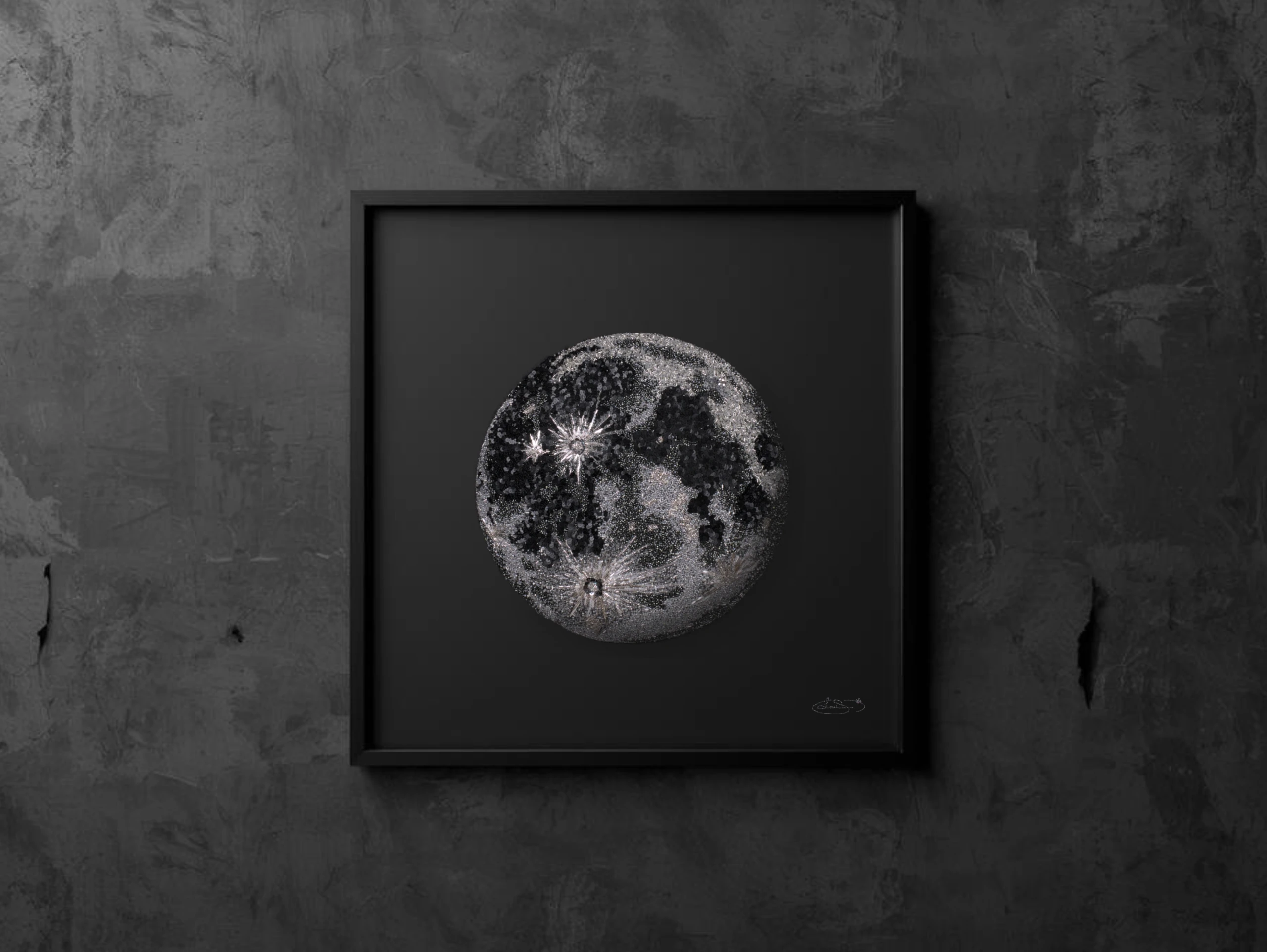 Obra de arte enmarcada con una luna bordada como decoración de pared, arte textil contemporáneo, hecha por Laura, Delta V Créations.