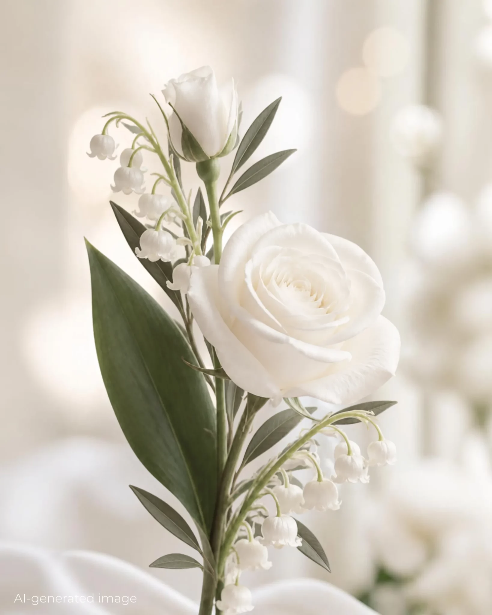 Ramo de novia con rosas, muguete y hojas de olivo, evocando una estética floral romántica para una boda.